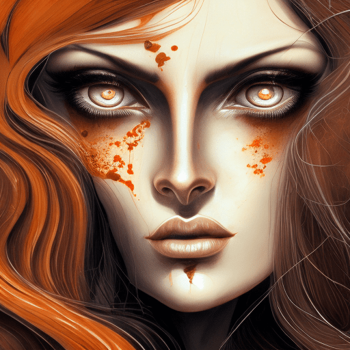 An illustration of a woman with long brown hair, red eyes, in the style of ingrid baars, j. Scott campbell, dark beige and light amber, close-up, thiago valdi, charming characters, 8k --ar 73:112 --stylize 750 --v 6