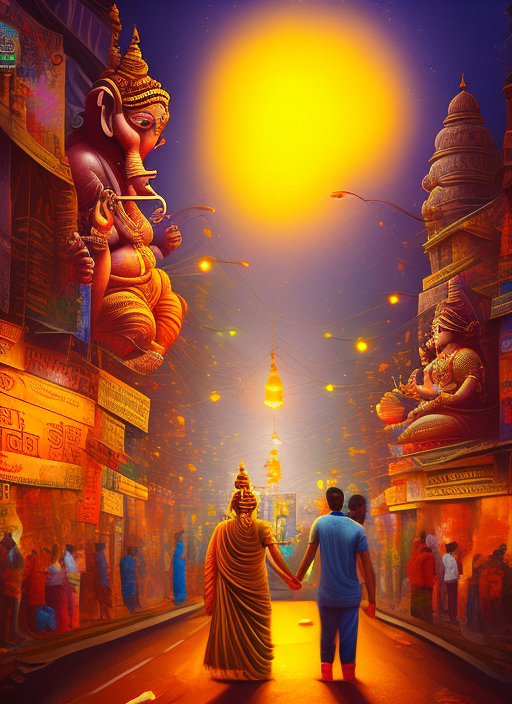 A surreal, dreamlike festival flickering where a bustling indian city street at night background. Indian couple holding lord ganesha sculpture in hand. Celebrating lord ganesha festival.