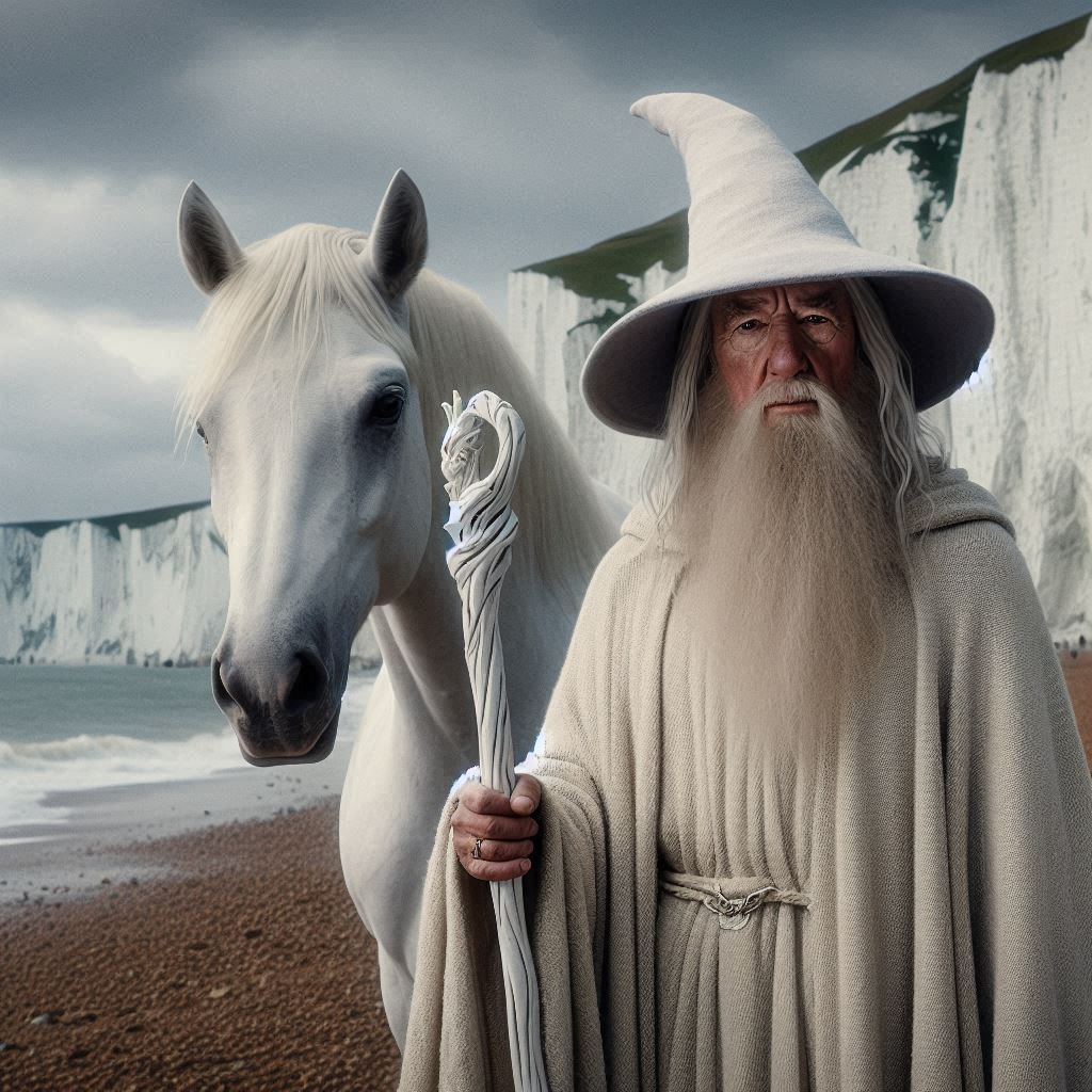 Ultra realistic, 35mm, image of a large 3d, the lord of the rings gandalf, wearing his signature white robe and white wizards hat holding his white wooden and marble wizard staff, standing near a beautiful white wild horse, with the white cliffs of dover in the epic background, 16k uhd highlight the details
