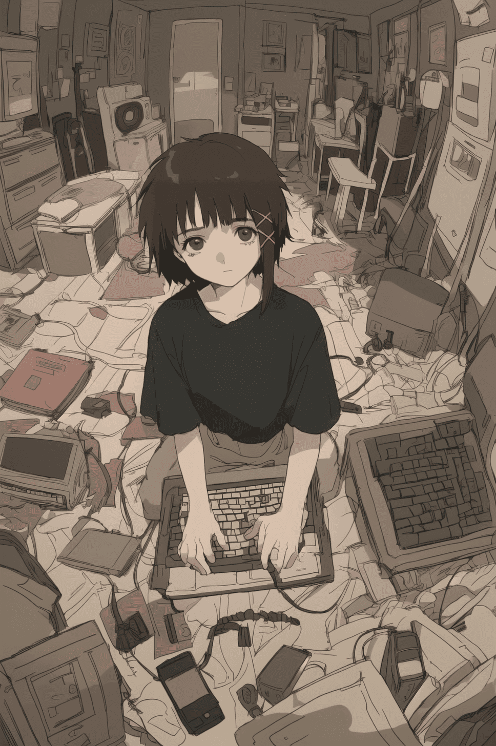 Jeremy mann, 1 girl , solo, sitting, john berkey, messy room, (iwl:1. 3) , looking afar, short hair, bangs, brown hair, hair ornament, brown eyes, closed mouth, hairclip, expressionless, looking at viewer, dead eyes, depressed, black t-shirt, (x hair ornament:1. 2) , (asymmetrical hair, single sidelock:1. 3) , indoors, (messy room, night, dark:1. 3) , ( sketch, outline:1. 1) , ( cyber, lot of cable, retro computer, it gadget, pc parts:1. 2) ,