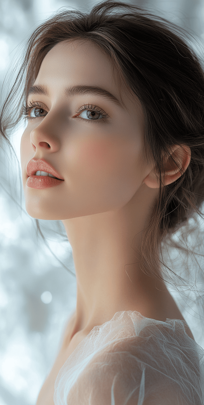A beautiful woman with smooth skin, light makeup, and a natural look is featured in an advertising poster for a facial treatmentt, high-definition photography showcases her profile from above, with the background featuring white and gray tones, soft lighting highlights her delicate features, adding to the overall beauty of the image, focus is on her eyes --no freckles --ar 65:128 --stylize 750 --v 6. 1