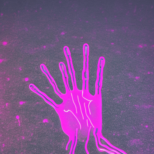 Neon pink outline of a hand rising from the damp soil. The hand is gesturing "ok". The circulatory system lines and bones glowing blue and the nails outlines glowing orange. Night atmosphere. Detailmaximizer, midjourneyv6. 1, aidmaglow