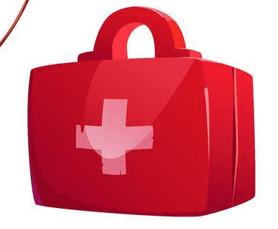 A red first aid kit with a white cross on the front