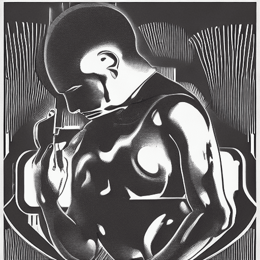 A black man with his head tilted back and cesar cut fade, as if he has been tattooed in the style of an futuristic illustration, with robotic hand holding a micro-pigment needle gun tool. The background is white. In the style of art deco. --s 250 --v 5. 0