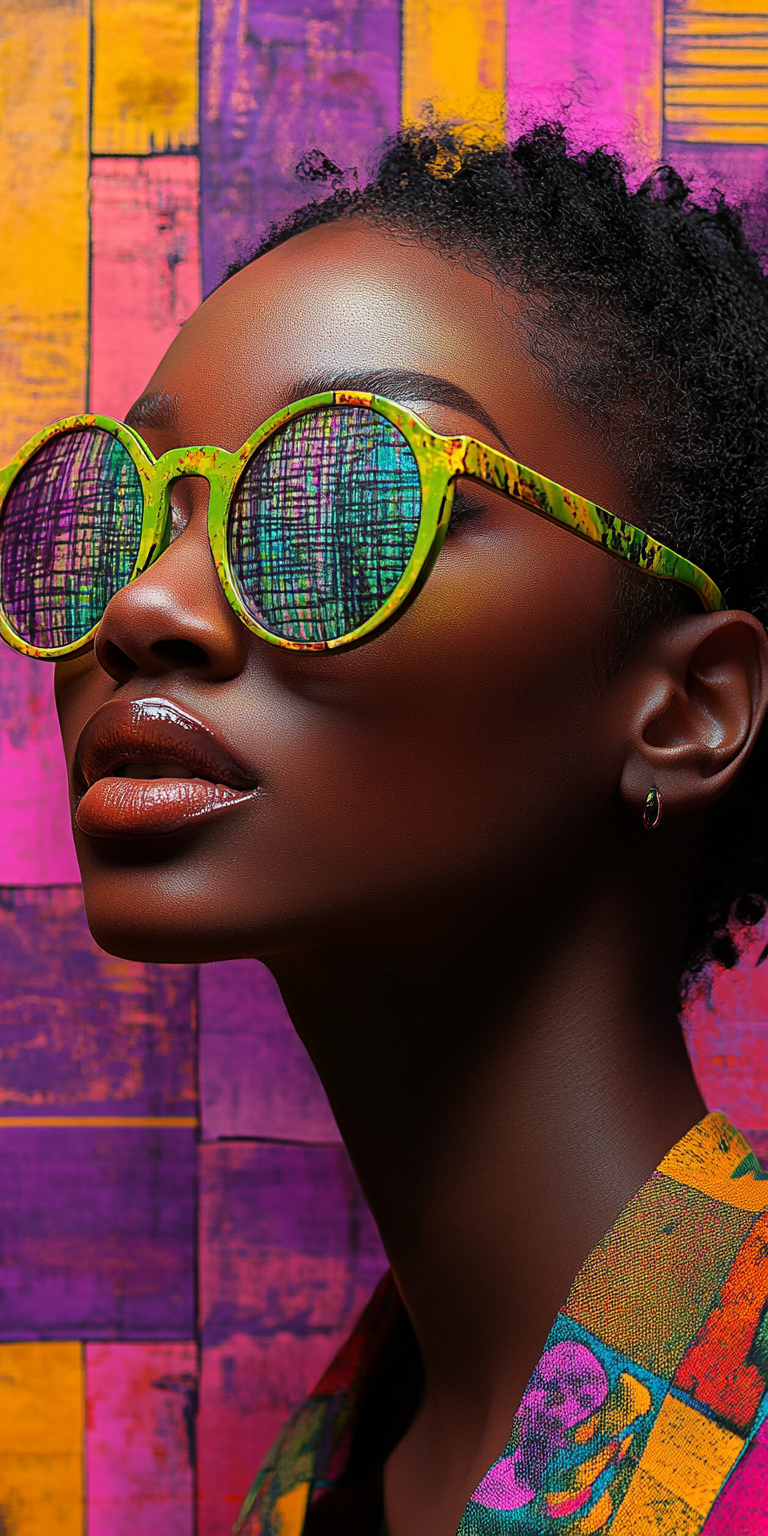 A black woman wearing green sunglasses, surrounded by various patterns and shapes in pink, purple, and yellow colors, in the style of collage art, pop culture elements and bold geometric forms, confidenct expression abstract designs and textures that complement the overall theme of retro fashion and a vibrant color palette --ar 1:2 --stylize 750 --v 6. 1