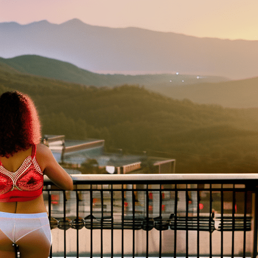 A woman with long, wavy hair standing on a balcony at sunset, wearing a red lace-trimmed bra and matching underwear. The scenic background includes mountains and a town. She stands facing forward with a slight angle to her left, arms relaxed at her sides, exuding confidence and serenity.