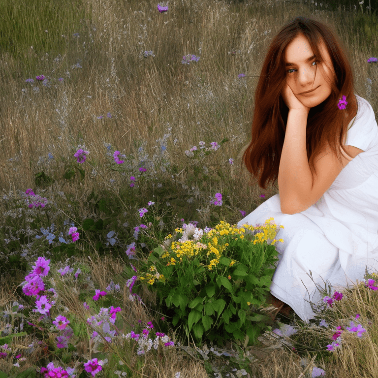 Photo of a beautiful farm girl in a white dress with blue jeans, with long hair in the wind, the girl sits in a wild backyard, she holds a bunch of fresh flowers, she is looking at the camera with a friendly expression, , radiant, ultra detailed, hd