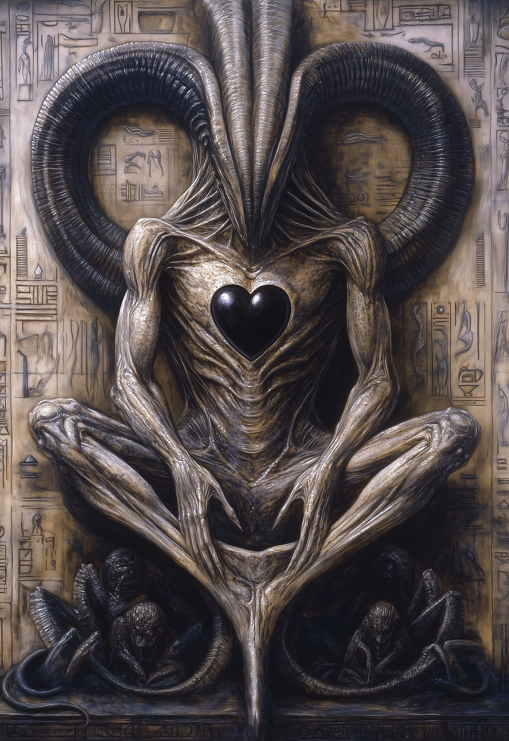 H. R. Giger's painting depicts an ancient alien god lying on his back, surrounded by otherworldly serpents and creatures, and cuneiform writing in the style of hislim art deco. The central figure is seen as being god-like or divine. It has arms reaching out to touch its chest, where there's a heart-shaped structure that shines like moonlight. In it sits a black gemstone. There are smaller figures around the main one, all with long tentacles coming from their heads. --ar 11:16 --v 6. 1