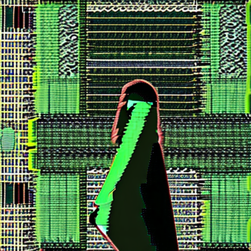 Bauhaus style clothe, big clothes, cool anime style, character, village center background, medieval thief, ninja, up to down point of view, symetrical background, long hair, green, close up portrait, 8k, hightly detaild, mesoamerican