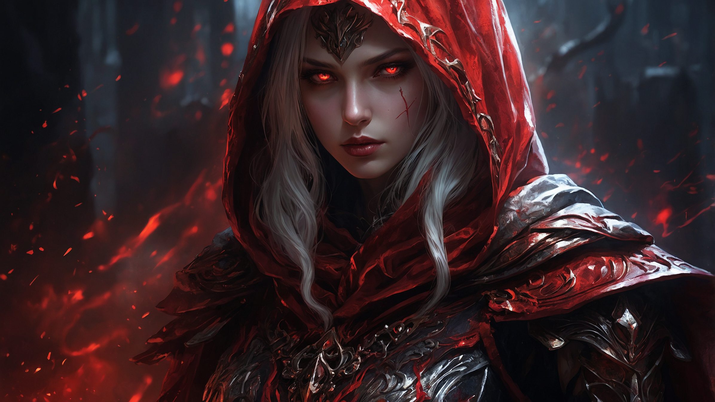 Digital fantasy artwork featuring a female character with a striking and intense appearance. She has pale skin, long white hair, and piercing red eyes. Her face is adorned with red markings that resemble blood streaks. She wears a red hooded cloak and intricately designed armor with metallic and leather elements, primarily in red and silver tones. The background is dark, with swirling red smoke or mist adding to the dramatic and mystical atmosphere. The overall style is highly detailed and realistic, with a focus on the character's fierce and enigmatic expression.
