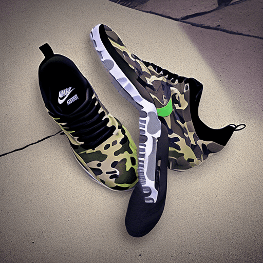 Photograph, productive, nike shoes, camouflage pattern, black, spectacular reflection, neon