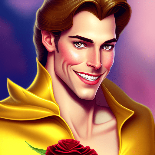 A picture of a charming prince holding a rose, disney beauty and the beast reference, enchanting and gentle smile, dressed in golden shimmering dress, half body::4, charismatic and romantic demeanor, and regal appearance, digital art style, art by martin ansin, magical and ethereal soft focus portrait, captivating eyes and chiseled features, front view::, 16k, ultra hd --ar 9:16 --q 2 --niji 5