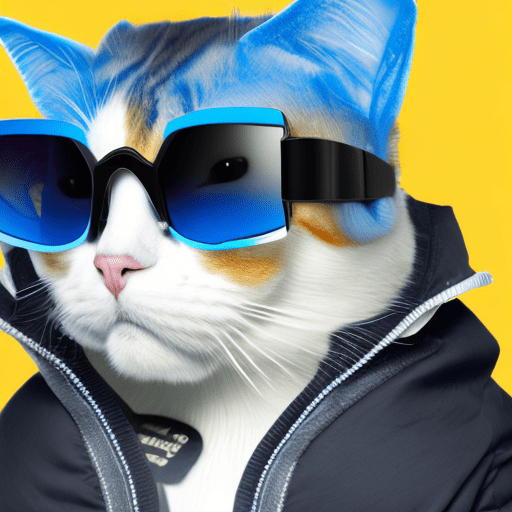 Humanoid male cat with azure puffer jacket and black sunglasses