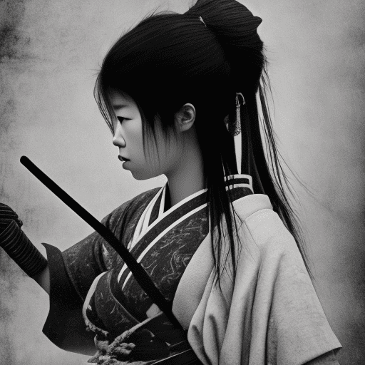 Samurai girl, in the style of black and white realism, atmospheric impressionism, darkly romantic realism, pre-raphaelite realism, grainy, black and white photos, soft-focused realism --ar 36:61 --stylize 750 --v 6