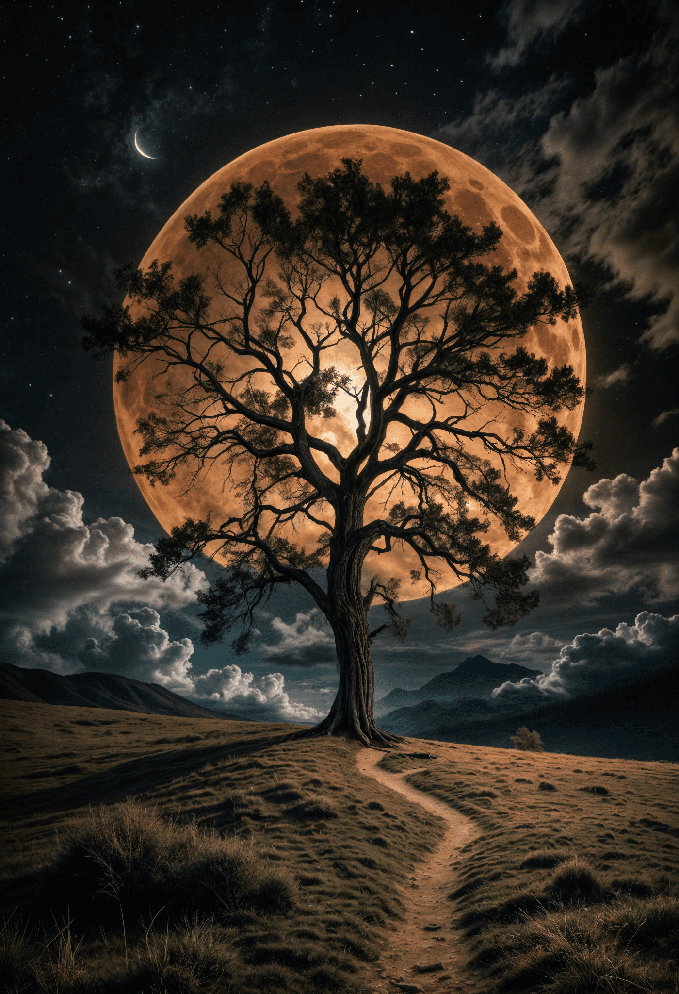 A dark night with faint stars showing between many clouds, a full moon illuminating a single tree on a hill