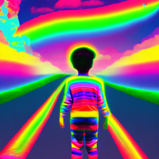 A profile view of a very beautiful lsd vaporwave little boy, with its shadow prominently cast on the ground, revealing a superhero skeleton in neon rainbow colors. This adds an element of mystery and intrigue to the photo, trippycute background, with its shadow prominently cast on the ground