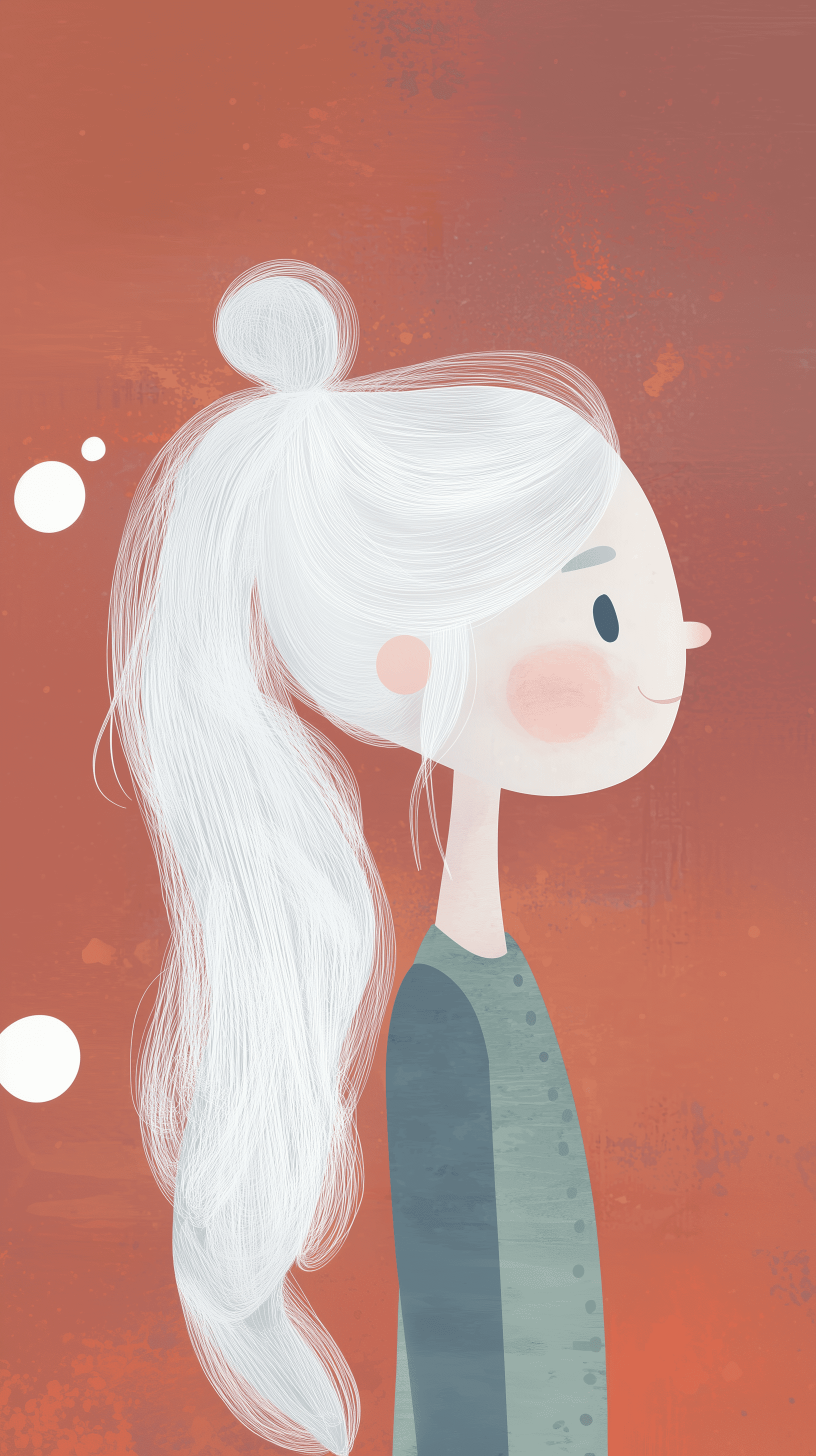 Illustration, side profile of a middle-aged woman, white silhouette on deep red background, long wavy hair in a ponytail, strong cheekbones, wearing a blazer, subtle laugh lines around eyes and mouth, elegant and sophisticated style --ar 9:16 --quality 2 --style raw --sref 428240170 --v 6. 1
