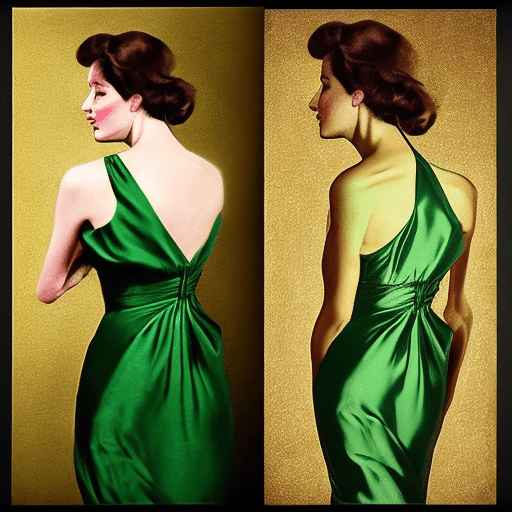 A woman in a green dress posing for a picture, a colorized photo, inspired by richard avedon, tumblr, halter neck, gilded. Floral, low-cut dress, soft silk dress --v 5 --ar 3:4