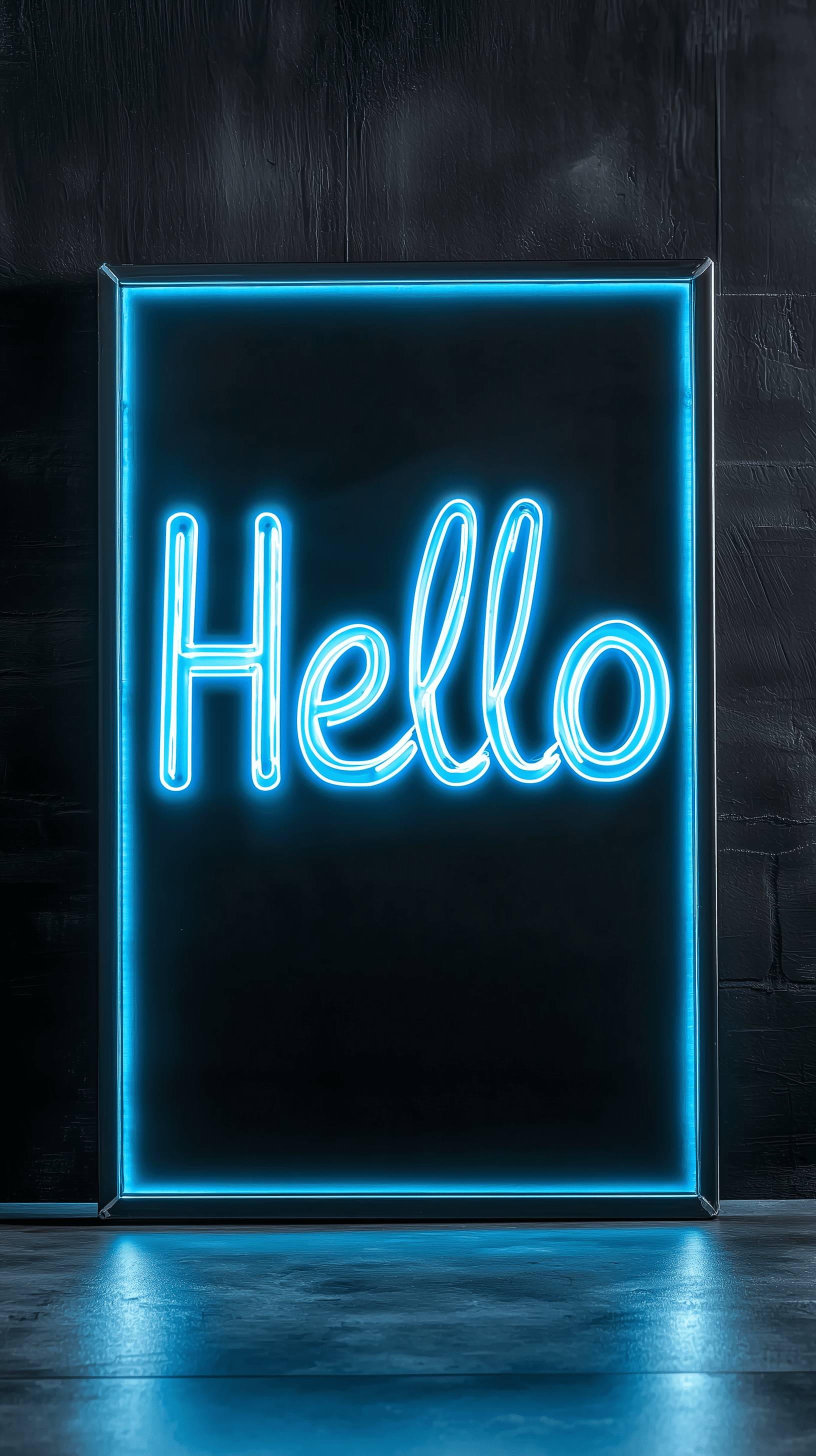 Productive photography, black color steel rectangular signage box placed against a in a photo studio environment, black background, sign glows in a blue hue with the bold lettering stating hello, lighting casts soft, photorealistic, 4k uhd, rich detailing --ar 9:16 --quality 2 --style raw --v 6. 1
