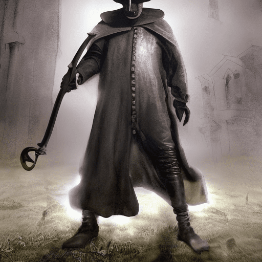 17th century plague doctor, graveyard, fog, hat, mask, leather, 6-shooter revolver, highly detailed, epic fantasy, 8k, cinematic lighting, detailed features, sharp focus, photorealistic, execution: rendered in a hyper-realistic style, using advanced digital techniques to capture the complex medieval environment