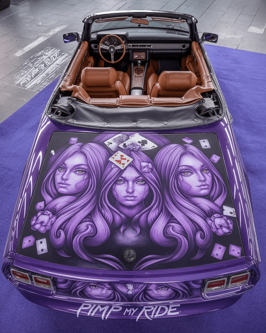 The rear ariel drone view side of a purple convertible car. The car's trunk is adorned with intricate artwork featuring three stunning female symmetrical portraits, with long flowing hair, hazel highly detailed sharp focus eyes, playing cards, and other decorative elements. The interior of the car is visible through the open top, revealing a leather-clad dashboard and seats. The car is parked on a blue carpeted floor, and the words 'pi*p my ride' present in the image.