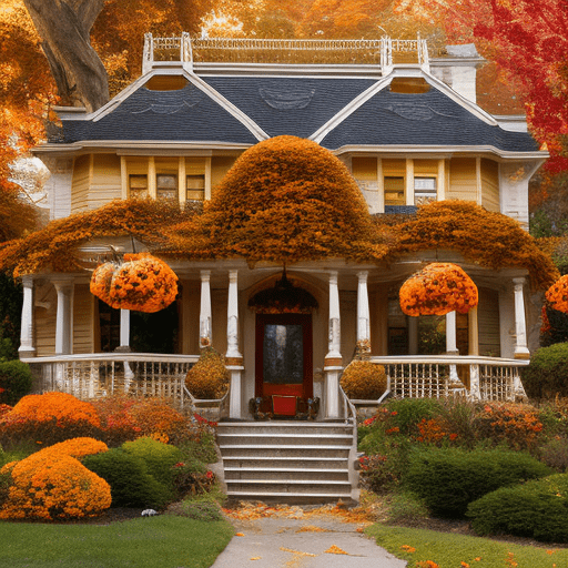 A charming victorian-style house with intricate architectural details, surrounded by vibrant autumn foliage. The front yard is adorned with an array of pumpkins in various sizes, complemented by colorful mums and a winding stone pathway leading to the entrance. The scene evokes a warm, cozy fall atmosphere, enhanced by the orange and golden hues of the leaves.