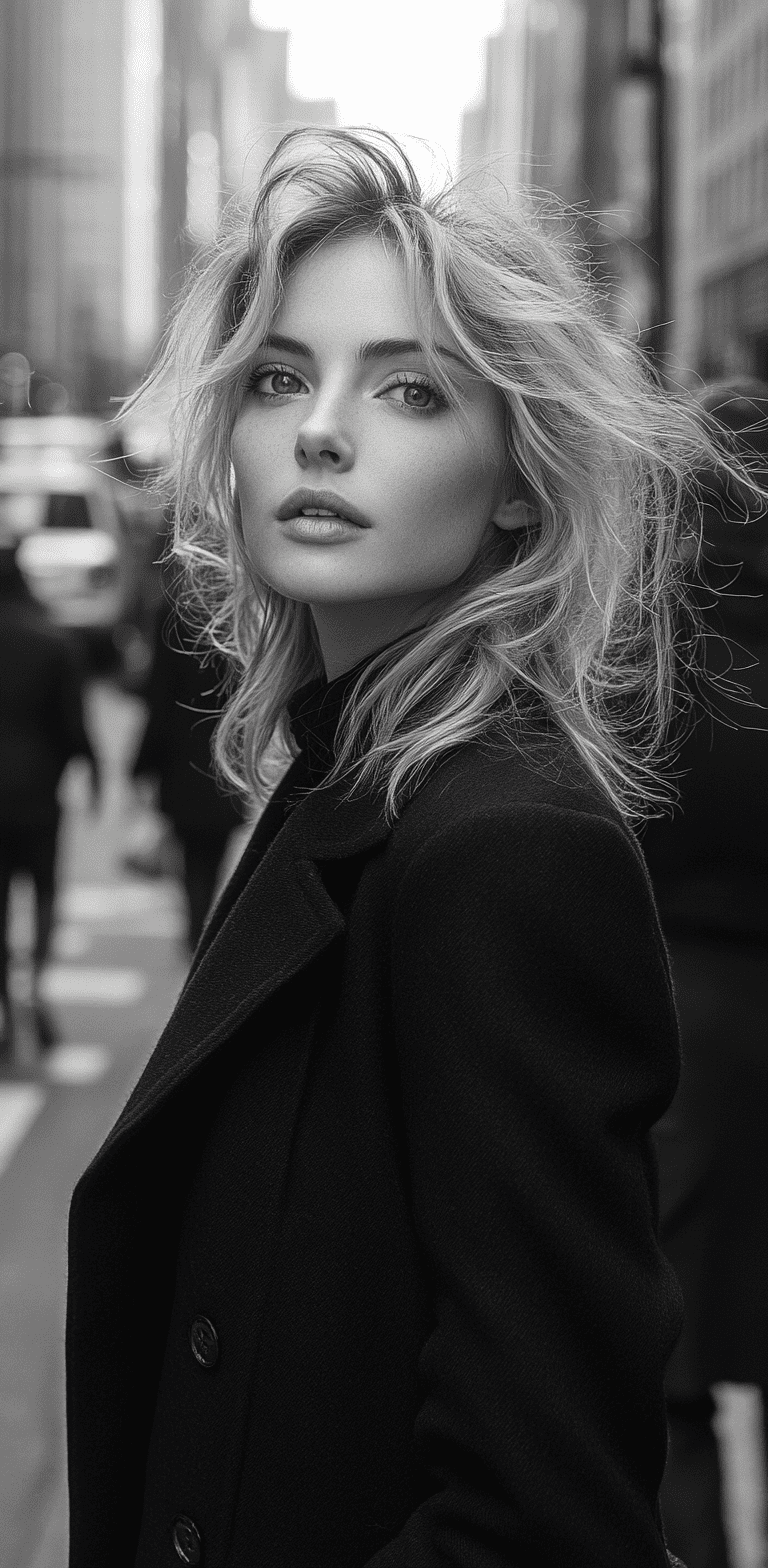 Black and white street photography of a supermodel, blonde hair and is wearing a black coat, crossing a crowded street in new york city, looking back towards the camera, with a shallow depth of field and high-resolution, hyper-realistic details, n the style of peter lindbergh --ar 63:128 --stylize 750 --v 6. 1