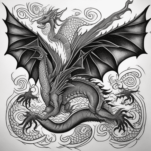 A blackwork style tattoo design, a complete dragon flying