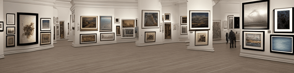 Hyper realistic photo of the inside of an art gallery with various pictures on the walls