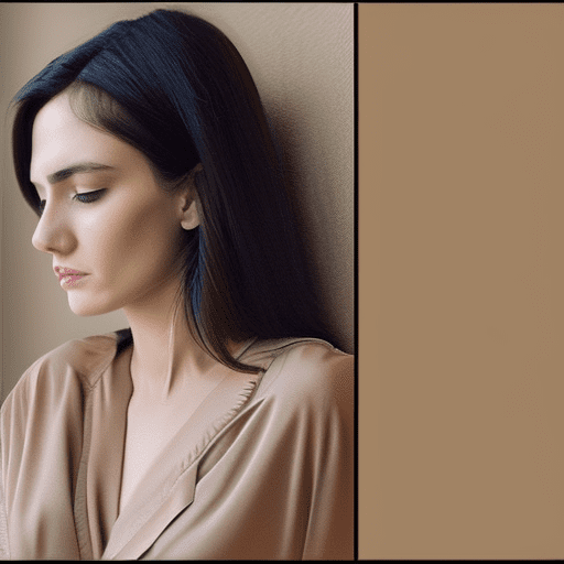 A woman with long wavy brown hair, wearing a beige deep v-neck romper with long sleeves and tied waist, posed leaning forward with a slight side turn, head tilted left, intense gaze, indoors with a blurred background featuring a dark couch and wall art.