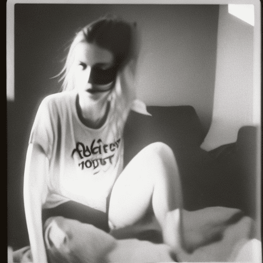 Candid photography, disposable camera with flash light, film noise, taken in the 90s, low quality, natural lights, scandinavian woman, age 22, skin blemishes, wearing old white oversized t-shirt with the text "i follow @rapidtarot", denim shorts, in her messy living room , melancholy, scratched surface, weathered photograph, polaroid feel