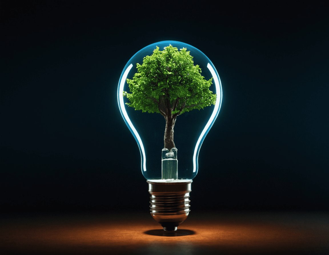 A traditional light bulb transforming into a hologram of a tree, symbolizing technological evolution and sustainability.