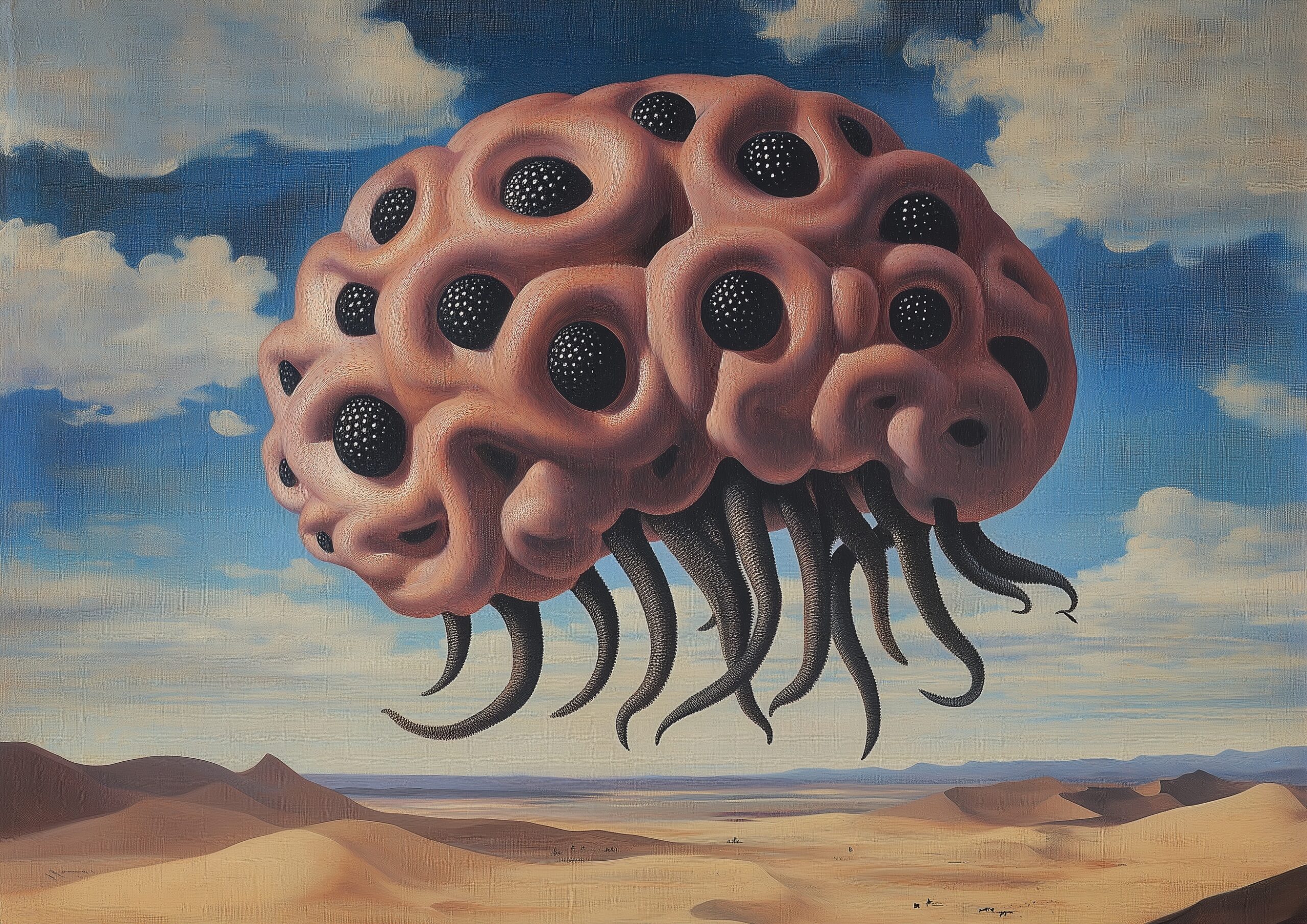 Surrealist painting of an alien brain with many tentacles and black dots, floating in the sky above desert dunes in the style of giorgio de chirico, muted pastel colors, wide shot, renaissance oil painting style. --ar 7:5 --v 6. 1