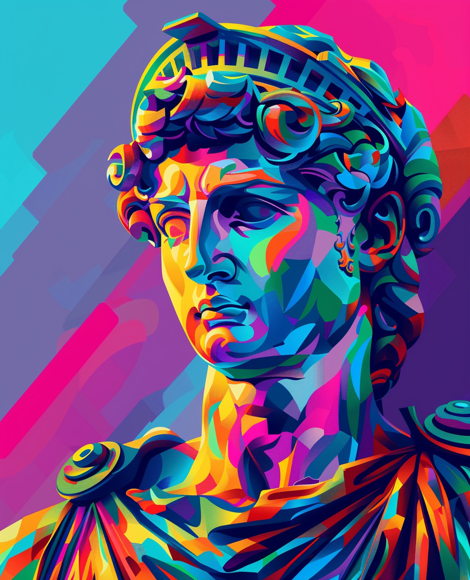 A greek statue using kaleidoscope colors, in a pastel way.