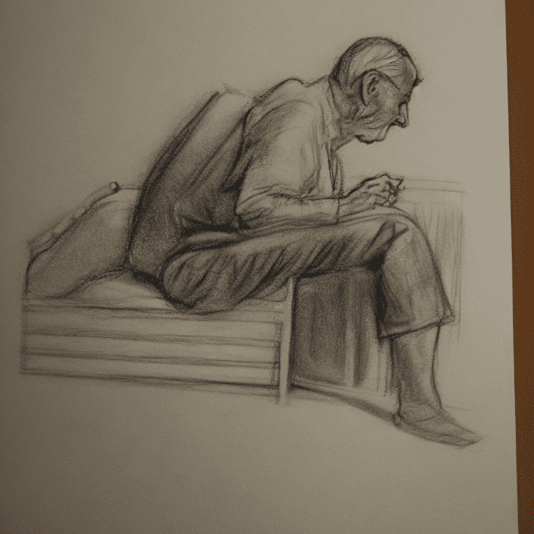 Full shot illustration of the profile an old man sitting at the edge of a bed. Charcoal sketch, wet ink.