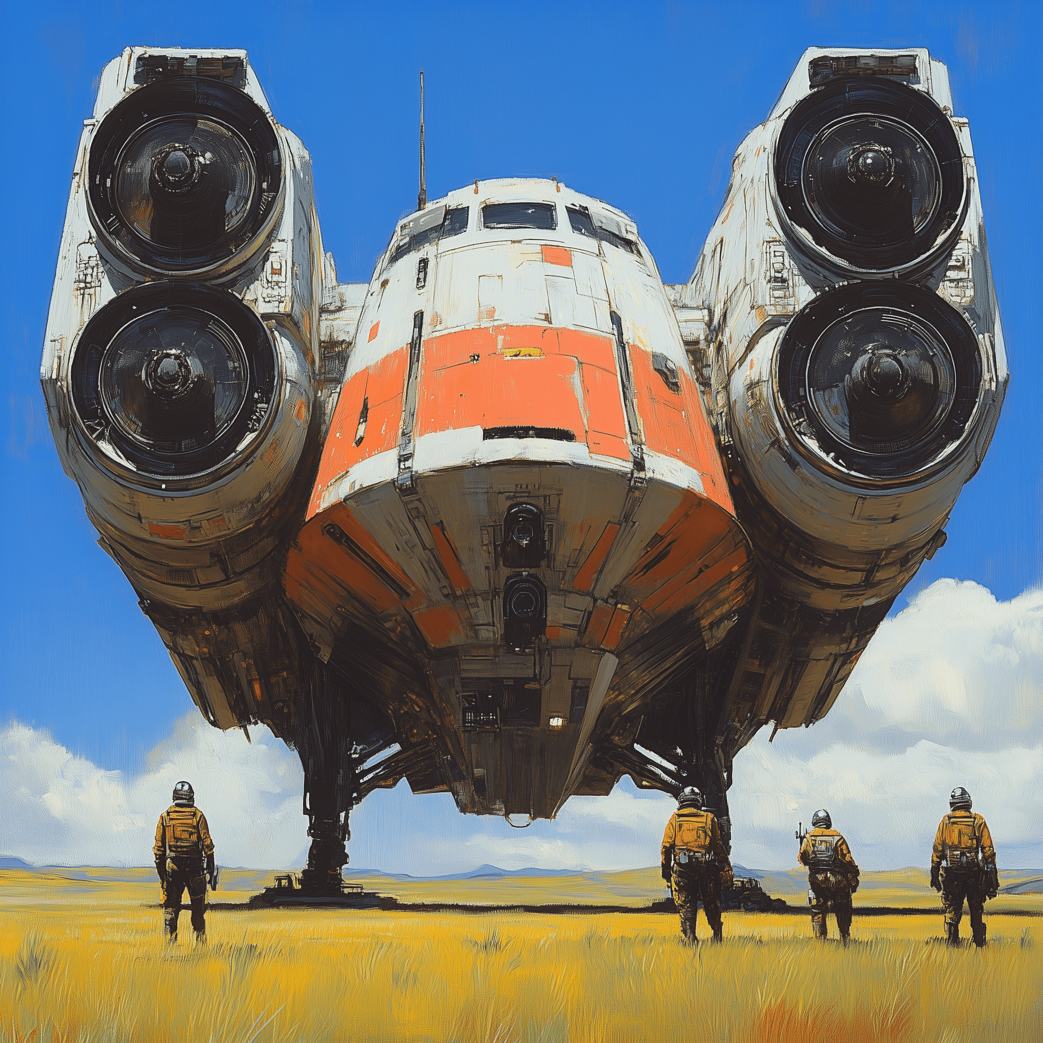 A retrofuturistic spaceship in the style of chris foss, featuring two large engines on each side and crew members standing around it for scale. The scene is set against an open field with a star wars-inspired background, in the style of john berkey. --v 6. 1