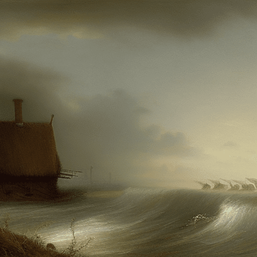 A ghostly old man on , patrolling atop a dyke in thick fog on the frisian coast. Storm, fog, full body, oil painting by andreas achenbach