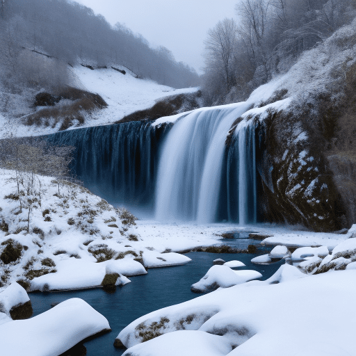 A snowy winter landscape with a waterfall in background