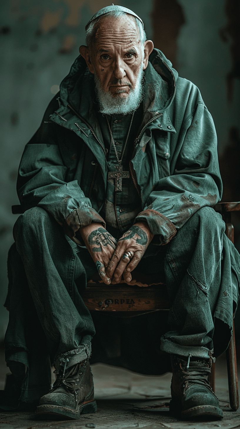 Photography, long-distance shot, pope francis, seated on chair, green long undercut, dark deep forest color loose-fit hoody with gothic lettering tattoo, garment-dyed black denim jogger pants, sony α9 ii with sony fe 100-400mm f/4. 5-5. 6 gm oss lens, grey background studio, gaze into the camera, model is expressed in realistic, high contrast, highlighted light effects --ar 9:16 --style raw --stylize 700 --v 6. 0