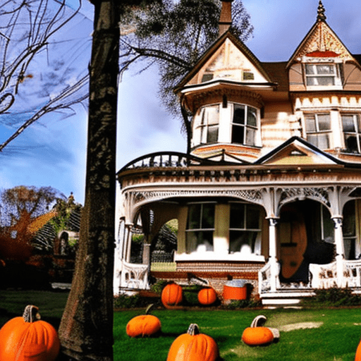 An old victorian house with pumpkins on the front lawn and trees in the, maximalism, pinterest, victorian manor, victorian setting, halloween theme, victorian architecture, halloween atmosphere, gothic mansion