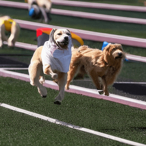 Perro con ropa deportiva corriendo en una pista de atletismo
