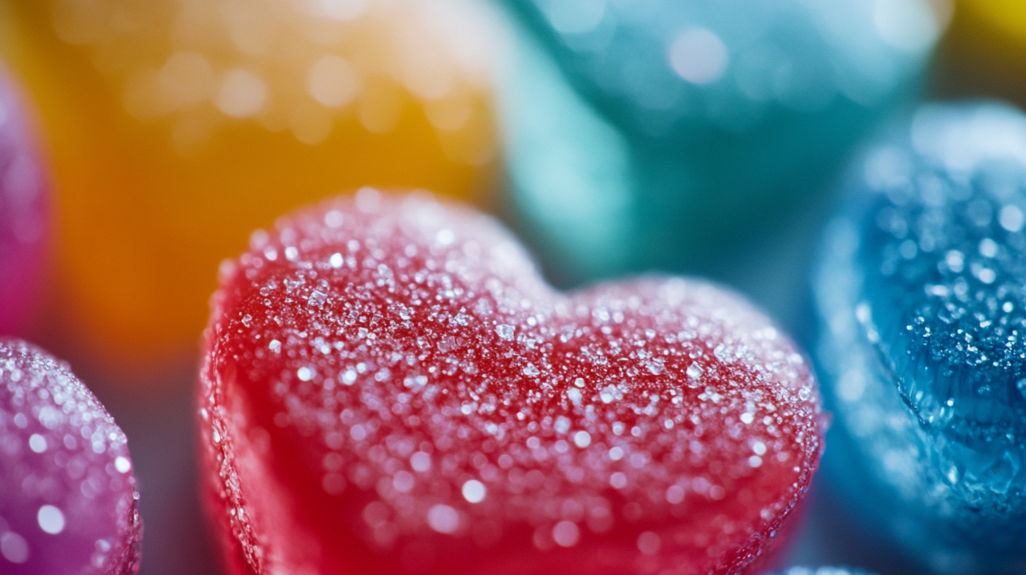 A Close-Up Of Colorful Gummy Heart-Shaped Candies, With Vibrant Colors And Sparkling Sugar Crystals On Top. Prompthero Prompt 717Dcb09D7D A close-up of colorful gummy heart-shaped candies, with vibrant colors and sparkling sugar crystals on top.