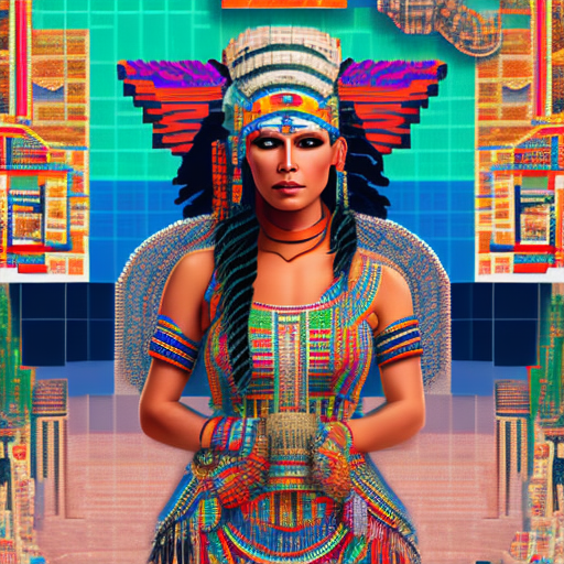 Masterpiece, perfect anatomy, 32k uhd resolution, best quality, realistic photo, professional photography, highly details, depth of filed, (woman:1. 3) , clean eyes, futurism, (mayan-inspired priestess costume with intricate patterns, feathers, and ceremonial elements) , pixel plaza paradise, plazas adorned with pixel art designs, forming a colorful and lively urban paradise, tranquil tech tapestry, weaving a tranquil tapestry with threads of futuristic technology, cowboy shot, cinematic angle, dramatic lights