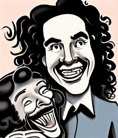 Tall woman with a big nose and short hair stands frowning with a man with long curly hair and a very big mouth. He is glaring at her.
