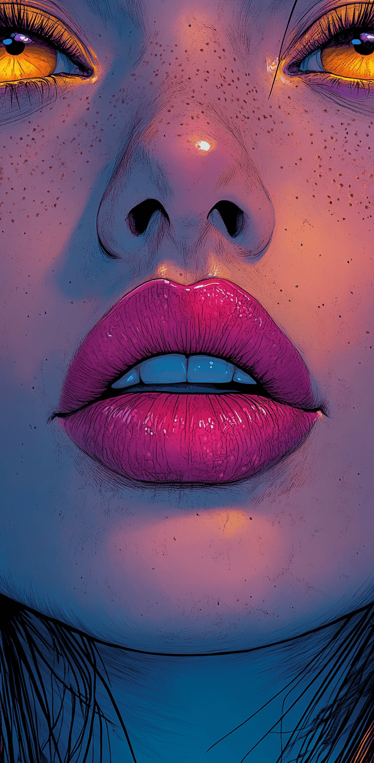 A pop art comic book-style poster featuring a close-up of a womna's lips and eyes, comic book elements and a vibrant color palette of pink, orange, yellow, and purple. --ar 63:128 --stylize 750 --v 6. 1