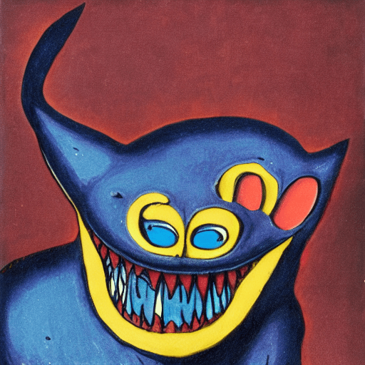 A blue cat with yellow eyes and glowing teeth, in the style of david wiesner, john brack, robert rauschenberg, mark henson, pop surrealism, vibrant colors, red liquid dripping from its mouth, eerie atmosphere, horror. --ar 51:64 --v 5. 2