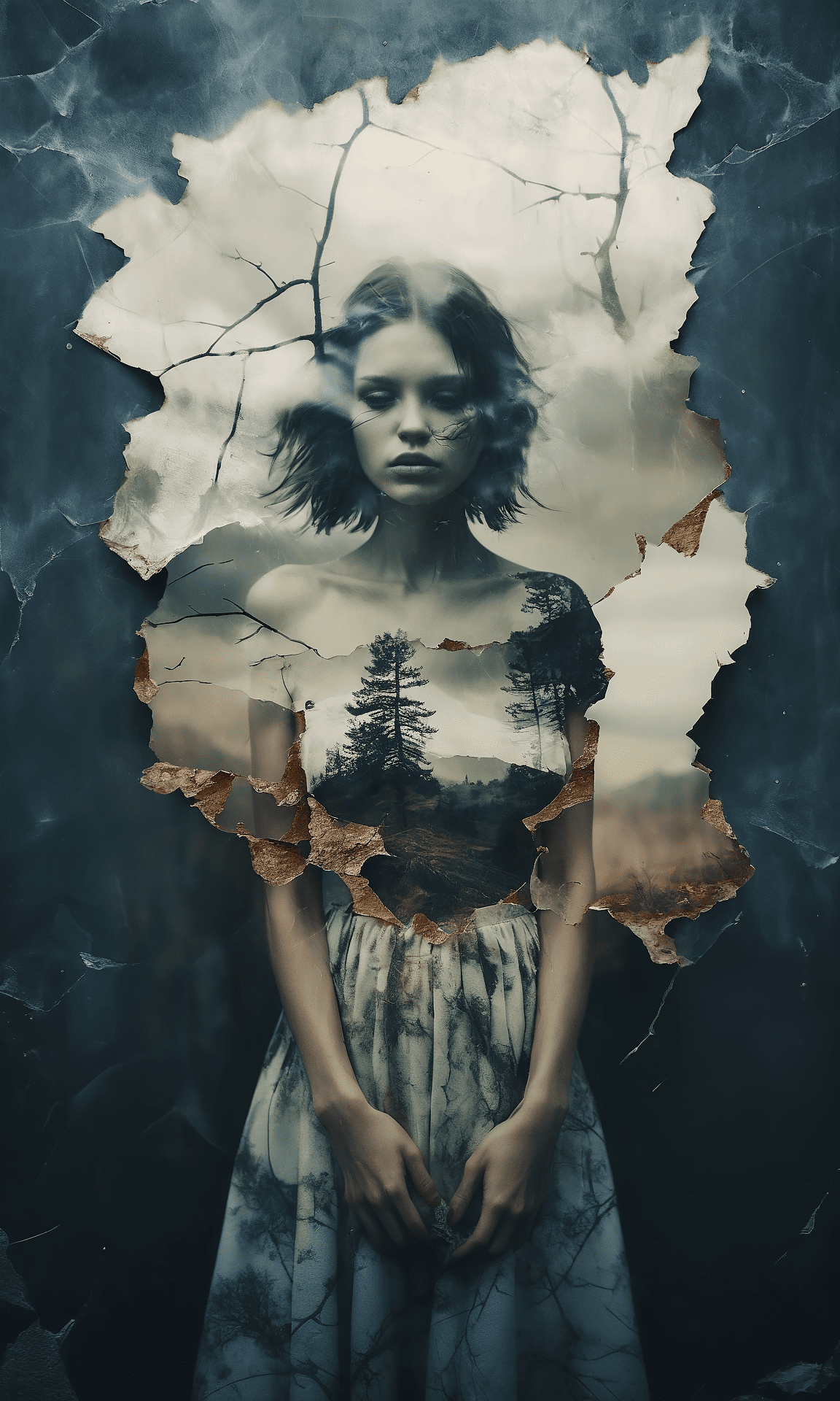 A beautiful woman, double exposure, surreal artwork, printed on cracked paper, artful, aesthetic, muted color scheme, unusual, vintage feel