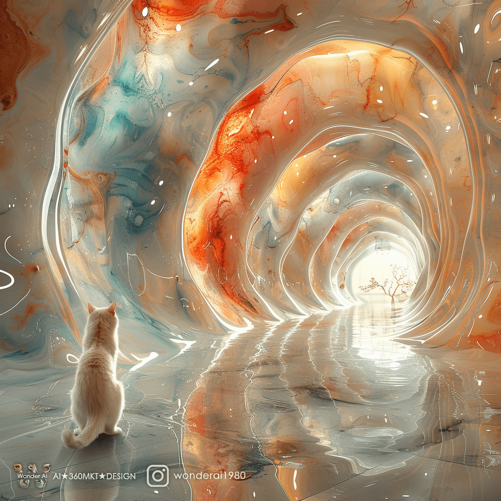 ((an anthropomorphic cute cat, wearing an alcohol ink colored haute couture dress) ), ((walking in architectural origami waved ceiling of a huge pastel hotel lobby, cave like roundings, modern interior) ), elegant, ornate, luxury, ultrawide, hyper detailed