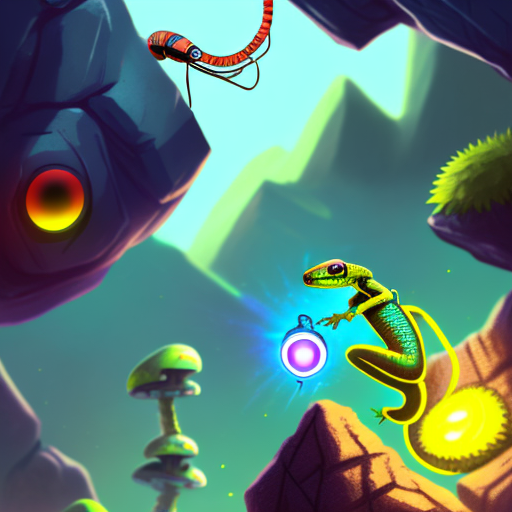 Cyber geko climbing a huge boulder. Give him a chalk bag and futuristic climbing shoes. The geko has to be partially robotics, with cool wires and one cyber yellow eye. The gecko is only a small part of the picture, focusing on the environment. I want glowy mushrooms and tiny creatures. Use bright light and colours.
