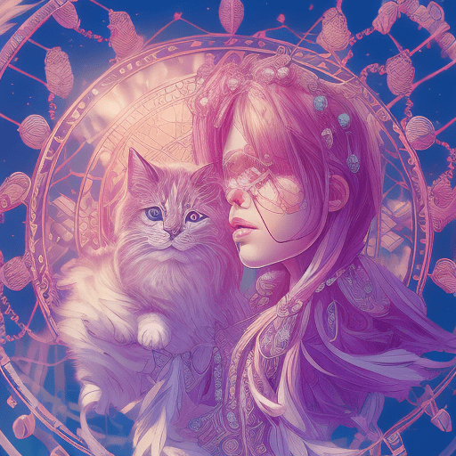 Dream catcher, in the style of crisp neo-pop illustrations, sky-blue, nightcore, the and some cute cat behind the girl trompe-l'œil illusionistic detail, detailed penciling, pensive portraiture, animated gifs --ar 35:64 --stylize 750 --v 6